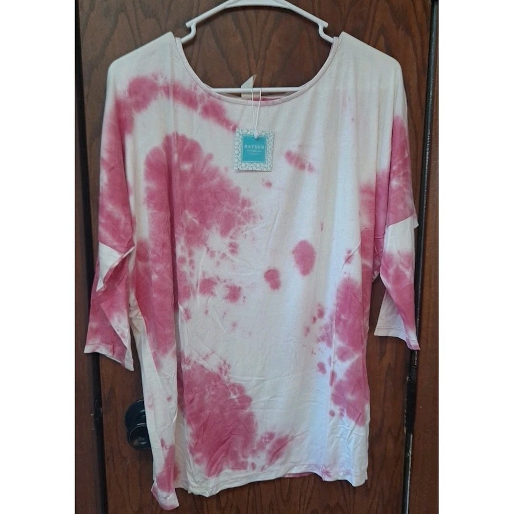 Hayden Los Angeles Scoop Neck Drop Sleeve Pink &‎ White Tie Dye Shirt Size Large